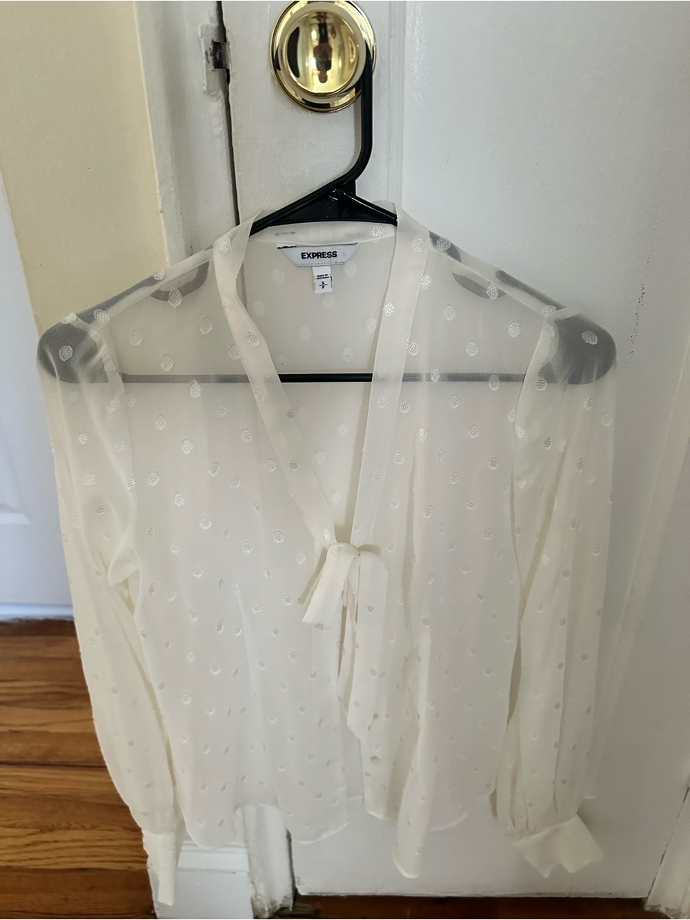 Express Sheer Ivory Dot Tie-Neck Blouse